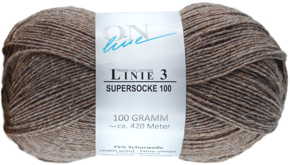 Supersocke 100 4-fach Uni, ONline Linie 3 0110 - braun melange