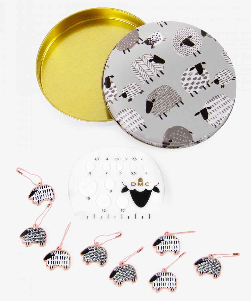 Maschenmarkierer Schäfchen mit Nadelmaß & Dose grau