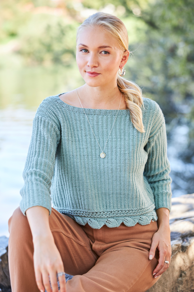 Kurzpulli mit Blattmusterbordüre | Anleitungsheft + Wolle Basic Cotton | Stricken