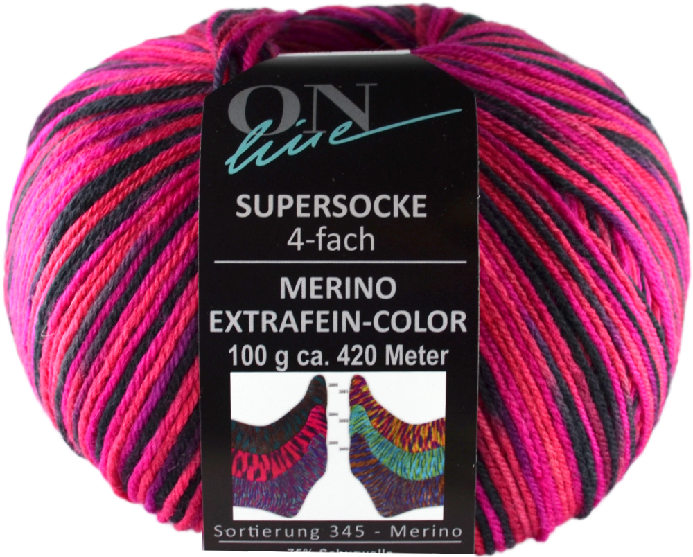 Supersocke 100 Merino Color, 4-fach von ONline Sort. 345 - 2894 - rosa/schwarz