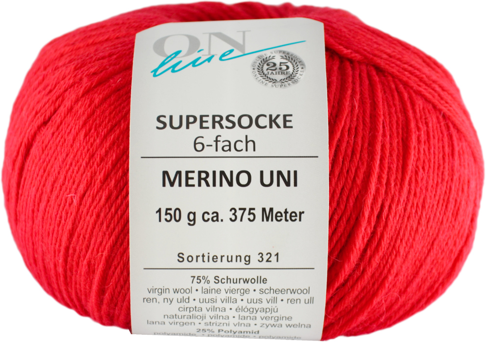 Supersocke 6-fach Merino Uni von ONline Sort. 321 - 5014 - rot