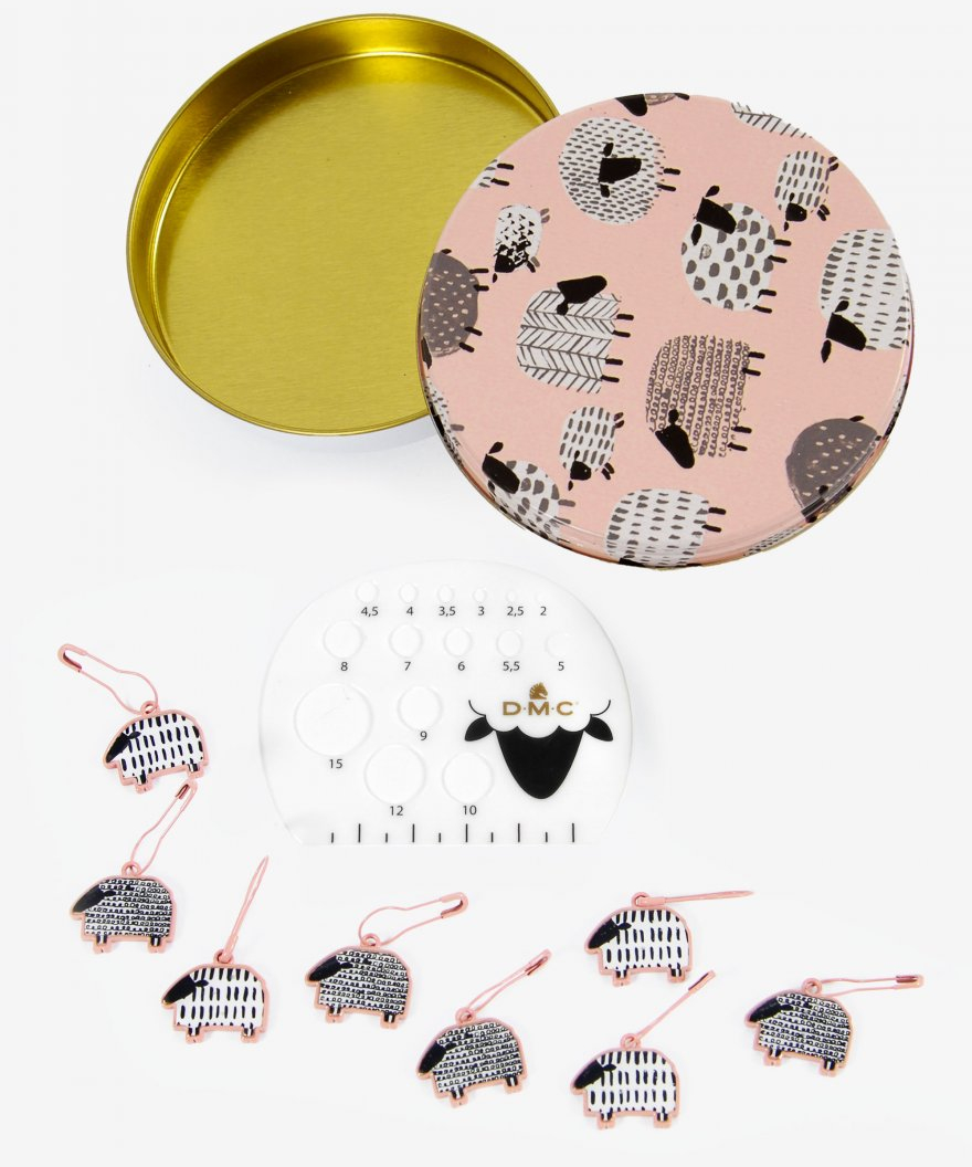 Maschenmarkierer Schäfchen mit Nadelmaß & Dose rosa